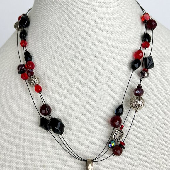 Chicos Antique Silver Red Black Pendant Necklace Earrings Matching Set - Picture 4 of 12